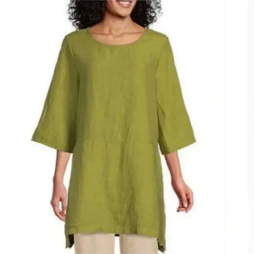 Bryn Walker Bre Cross Dyed 100% Linen Round Neck Side Slit Lagenlook Tunic XS